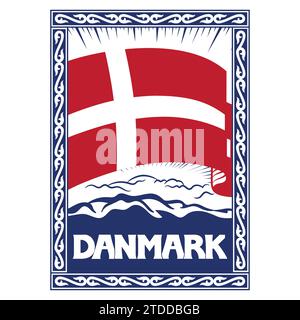 Viking-Design. Alte dänische Flagge, eingerahmt in einem alten skandinavischen keltischen Muster und der Inschrift Dänemark Stock Vektor