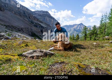 Der Hund Und Sein Besitzer Genießen Einen Atemberaubenden Blick Auf Die Berge Stockfoto