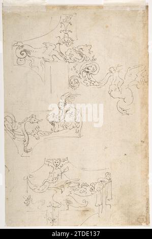 Blatt mit Figurenstudien, wahrscheinlich nach dem Antiken (Recto); Ornamental Designs (verso) 1934 von Girolamo da Carpi (Girolamo Sellari) Stockfoto