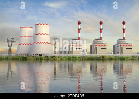 Kernkraftwerk mit Kühltürmen und mehreren im Wasser reflektierenden Reaktorblöcken - 3D-Rendering Stockfoto