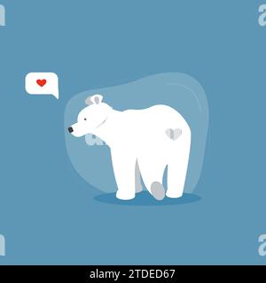 Niedlicher Eisbär Charakter und Herz in Nachrichtenblase auf blauem Hintergrund. Konzept für Valentinstag, Kinderzimmer, Babyduschkarte. Vektor Stock Vektor