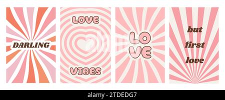 Valentinstag-Grußkarte mit romantischem Mädchentext. Zeitgenössische funky-groovige Hippie-Love-Poster. Set aus einfachem abstraktem Hintergrund in trendigem Design Stock Vektor