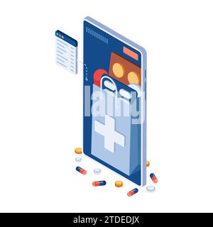 Flacher 3D Isometrischer Medical Store im Smartphone. Online-Pharmazie und Telemedizin-Konzept. Stock Vektor