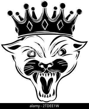 Schwarze Silhouette des Raring Panther mit königlicher Krone schwarz-weißem Vektordesign auf weißem Hintergrund Stock Vektor