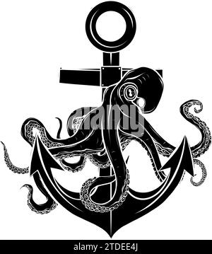 Schwarze Silhouette von Oktopus und Schiffsanker isolierte Illustration, Vektor Stock Vektor