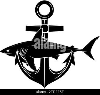Vektor-schwarze Silhouette des Weißen Hais mit Anker auf weißem Hintergrund Stock Vektor