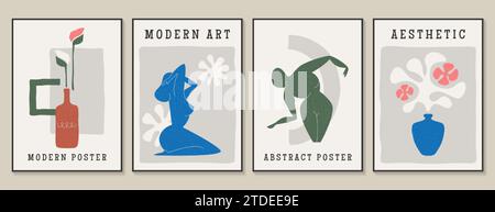 Zeitgenössische Poster von matisse. Moderne abstrakte Wandkunst, ästhetische Kunstwerke mit Silhouettenfiguren für Frauen, botanische Pflanzen und Blumen in Vase im minimalistischen Stil. Kollektion zur Dekoration. Stock Vektor