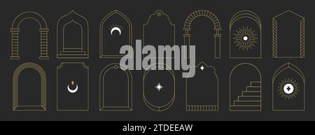 Boho Mystic Bogenrahmen mit Sonne, Mond, Glitzern und Treppe im trendigen minimalen Liner-Stil. Vektor-Boheme Grenzen verschiedene Formen mit mystischen Elementen. Himmlische esoterische Rahmen Strichkunst. Stock Vektor