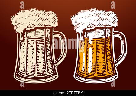 Großer Glasbecher mit schäumendem Craft-Bier mit Griff. Alkoholische Getränke. Vektorillustration auf dunklem Hintergrund Stock Vektor