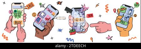 Online-Shopping, großer Verkauf flache Vektor-Illustration. Hände halten Smartphones und tätigen Bestellungen in der mobilen App. Leute mit Telefonen kaufen Essen und Kleidung. Kunden zahlen Einkäufe mit Rabatten über die Anwendung. Stock Vektor