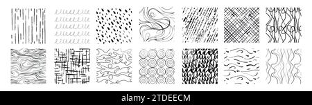 Schraffurmuster-Vektor. Handgezeichnete Schraffuren in nahtloser Textur. Satz von Konturen, linearen Schraffuren, Kritzeleien, Wellen, Wirbeln und abstrakten geometrischen Formen. Freihandlinie, Spirale auf weißem Hintergrund. Stock Vektor