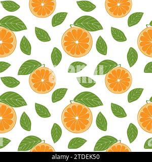 Orangenfrucht Muster, handgezeichnete Orangenfrucht mit grünem Blatt auf weißem Hintergrund. Vektorabbildung Stock Vektor