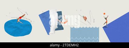 Junge Frau im Badeanzug taucht ins Wasser, Mann spielt Beachvolleyball. Pastellfarben. Sommeraktivität. Zeitgenössische Kunstcollage. Stockfoto