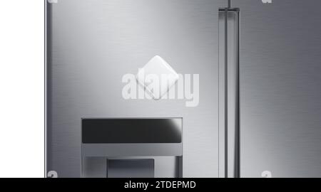 Leerer weißer Rautenmagnet auf Kühlschrankmodell, Vorderansicht, 3D-Rendering. Leerer Gummistift oder Knopf am Gefrierschrank. Klarer Magnetit Stockfoto