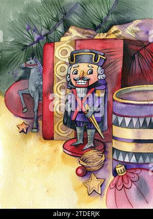 Aquarell gemalte Buchillustration. Nussknacker. Frohe Weihnachten und frohes neues Jahr Stockfoto