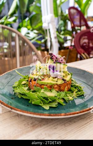 Ein Porträt von frisch zubereitetem mediterranem Lachstatar auf einem Raketenbett und mit Avocado belegt. Stockfoto