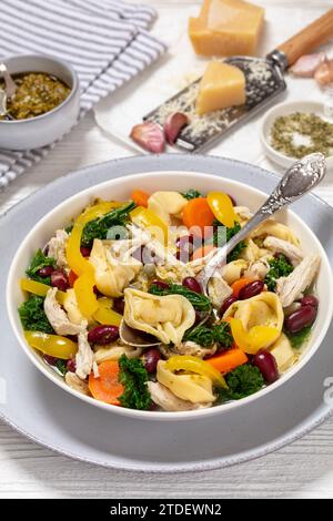 Hühnerminestrone Suppe mit Tortelloni und roten Kidneybohnen, Grünkohl und gelber Paprika in Schüssel auf weißem Holztisch mit Pesto und Parmesan, verti Stockfoto