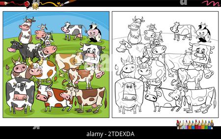 Zeichentrickillustration von lustigen Kühen Bauernhof Tierfiguren Gruppe Ausmalseite Stock Vektor