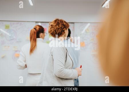 Geschäftskollegen arbeiten zusammen und entwickeln neue Ideen in einem Unternehmensbüro. Die Glaswand mit Haftnotizen spiegelt innovative Teamarbeit wider. Stockfoto