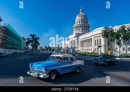 Oldtimer vor dem Theater von Havanna, Havanna, Kuba, Westindien, Mittelamerika Stockfoto