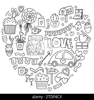 Handgezeichnete Doodle-Set in Vektorform, geformt wie Ein Herz, ist Eine stresslindernde Malseite zum Valentinstag mit Herzen, Bonbons und Süßigkeiten für den 14. Februar in Einem niedlichen Malbuch Stock Vektor
