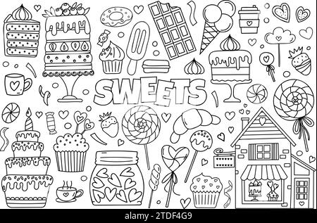 Das handgezeichnete Vektor-Doodle-Set verfügt über Ein stressreduzierendes Farbseitenmotiv mit Süßigkeiten, darunter eine Auswahl an Kuchen, Süßigkeiten, Cupcakes, Eis und mehr. Ein süßes Malbuch Stock Vektor