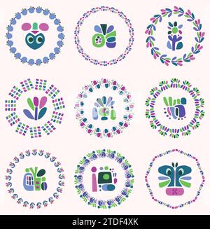 Einfache Natur Blatt und Monster Illustration Set in dekorativen Kranz für Kinder Blume Tier Vektor Motiv. Skurrile bunte Zeichnung in fröhlicher Natur Stock Vektor