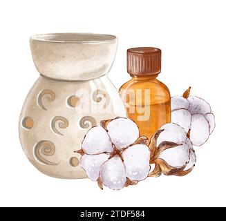 Keramik-Aromalampe, Flasche ätherisches Öl, Aromakerze und Baumwollblüten. Konzept gesunder Lebensstil, Aromatherapie, Spa-Behandlungen. Handgezeichnet Stockfoto