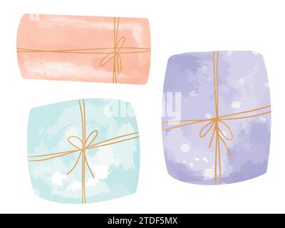 Happy Birthday Aquarellset. Handgezeichnete Kollektion Geschenk für Babydusche in süßem, weichem Pastellpfirsich, Violett und Grün auf isoliertem weiß Stock Vektor