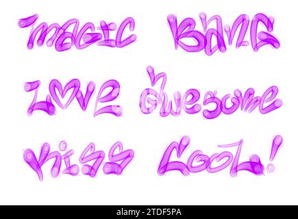 Sammlung von Graffiti Street Art Tags mit Wörtern und Symbolen in violetter Farbe auf weißem Hintergrund Stockfoto