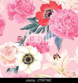 Nahtloses Muster mit Lilien und Rosen Stock Vektor