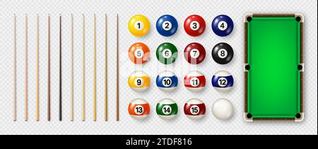 Billardbälle mit Zahlen, verschiedenen Hinweisen und grünem Billardtisch. Snookerball in Hochglanz. Sportausrüstung, Freizeit und Hobby, Wettkampfspiel. Vektor Stock Vektor