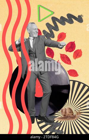 Collage vertikale kreative Foto pensioniert funky Mann Tanzparty Retro fallende Blätter Schnecke kriechen beige Hintergrund Stockfoto