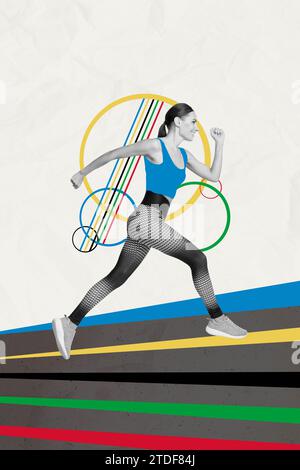 Vertikale kreative Collage Bild sportlich stark glücklich junge Frau Lauf Wettkampf olympische Spiele Läufer schneller Ringstreifen bunte Skizze Stockfoto