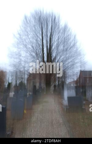 moody Unschärfe Friedhof Pfad mit Grabsteinen und Baum an regnerischen Wintertagen Stockfoto