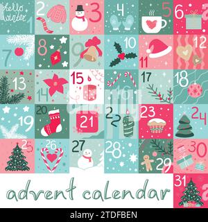 Weihnachten und Neujahr Adventskalender für 31 Tage mit niedlicher Dekoration. Weihnachtsbaum, Kugeln, Geschenke, Winterkleidung und Kerzen Stock Vektor