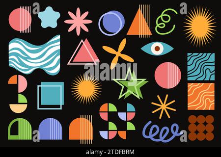 Brutalistisches Set abstrakter Formen in flachem Stil. Bauhaus Vintage Design Kollektion. Set aus abstrakten geometrischen Retro-Formen Figur, Blume, Sonne, Quadrat Stock Vektor