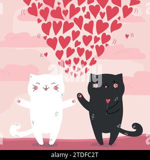 Zwei handgezeichnete Katzen in Liebe zu Herzen auf rosa Sonnenuntergang Hintergrund. Valentinstag-Grußkarte. Vektorabbildung Stock Vektor