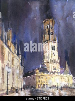 Aquarellmalerei Brügge Belgien Glockenturm Stadtlandschaft bunte Wandkunst trave Essentials Architektur giclee (Druck) Stockfoto