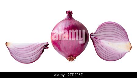 Vorderansicht der frischen roten oder violetten Zwiebeln mit halb- und Viertelsatz im Satz ist auf weißem Hintergrund mit Schnittpfad isoliert. Stockfoto