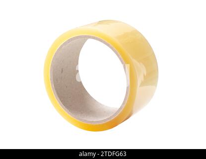 Einzelnes braunes transparentes Band oder Scotch-Band ist auf weißem Hintergrund mit Beschneidungspfad isoliert. Stockfoto