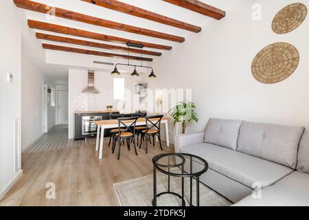 Kleines Studio-Apartment mit horizontalem Shot und kombiniertem Wohnzimmer und Küche in modernem Loft-Stil mit stilvollen Geräten und Möbeln. Hypothek Stockfoto