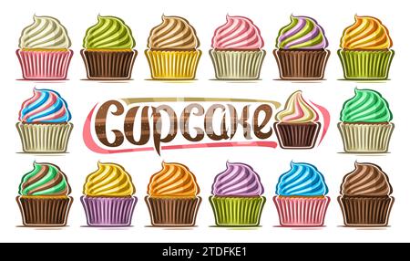 Vector Cupcake Set, große Sammlung von ausgeschnittenen Illustrationen verschiedene hausgemachte Cupcakes im Papierpaket mit gemischter gedrehter Creme, Gruppe von bunten sma Stock Vektor