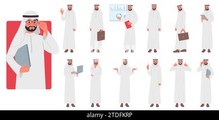 Arabischer Mann. Saudische Bevölkerung. Manageraktionen. Stehende islamische Person mit Aktentasche oder Laptop. Büroarbeit. Muslimischer Geschäftsmann. Arabischer Anwalt. Emirates e Stock Vektor