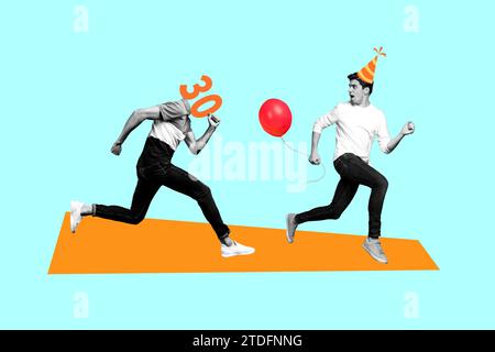 Kreative Foto-Illustration zwei laufende junge Jungs Freunde kopflos Zahl Gesicht feiern Happy Birthday Event Party Ballon festliche Stimmung Stockfoto