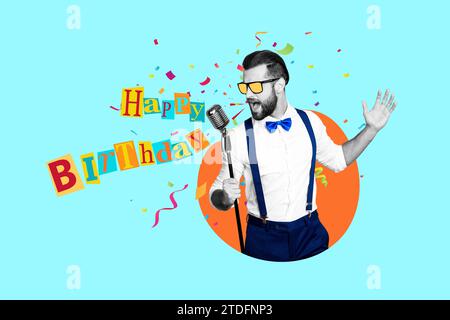 Foto Collage Bild Poster Karte Gruß junger funky sorgloser Mann singen alles Gute zum Geburtstag coole Party Feier Dekor Spaß Stockfoto