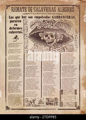 La Calavera Catrina oder der Dapper Schädel von José Guadalupe Posada (1852–1913) in seiner ersten Erscheinung auf der Titelseite eines satirischen Druckes von 1910, der wie die Titelseite einer Zeitung aussieht. Stockfoto