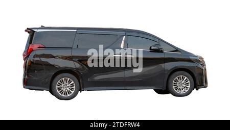 Luxuriöser und schöner großer schwarzer Minibus ist isoliert auf weißem Hintergrund mit Schneideweg. Stockfoto
