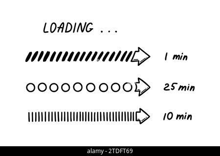 Set mit Kritzelladestangen. Abbildung des Fortschrittsvektors für den Skizzendownload, Statusanzeige für den Upload. Design-Element der Benutzeroberfläche des Computers. Stock Vektor