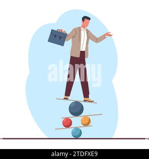 Geschäftsmann sucht nach einer ausgewogenen Work Life Balance, indem er auf verschiedenfarbigen Bällen balanciert. Mann verliert die Kontrolle, riskiert eine gefährliche Situation. Hartes Ziel des Managers Stock Vektor